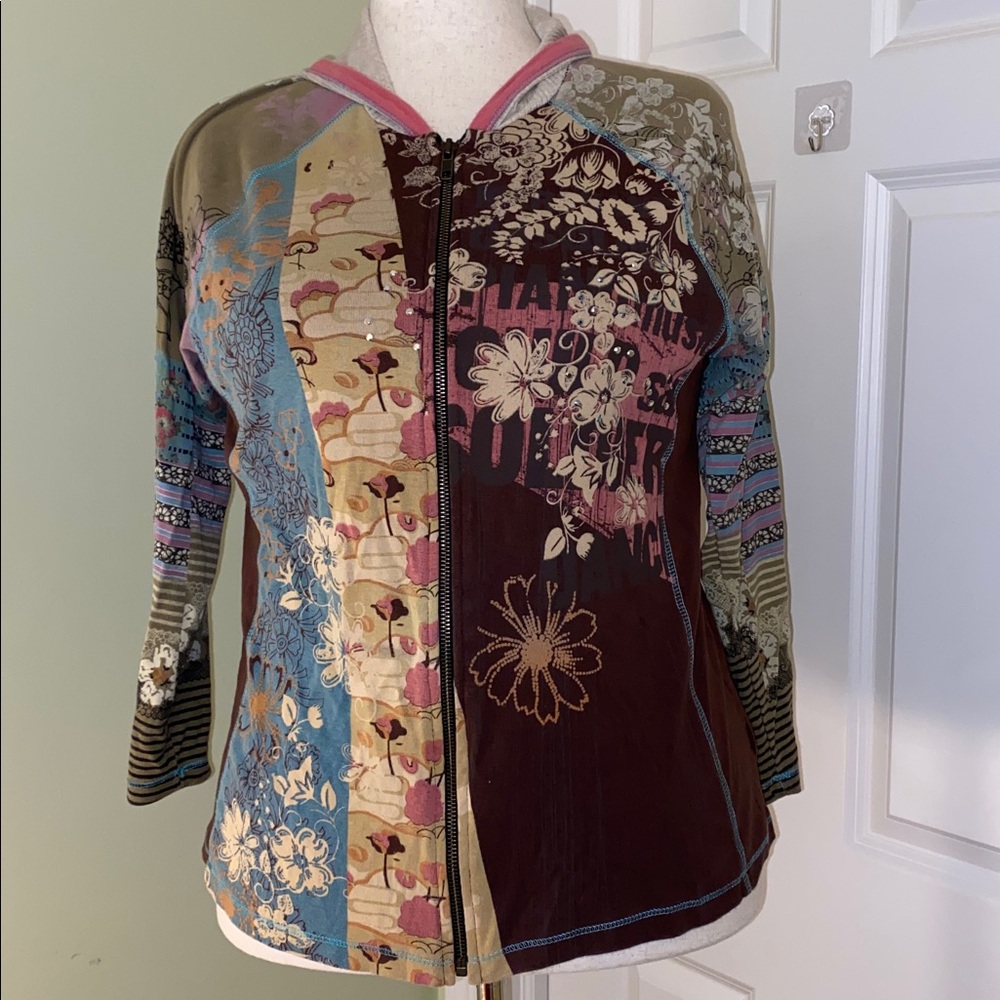 Vanilla Sugar vintage brown/blue/pink/beige floral zipper long sleeve hoodie